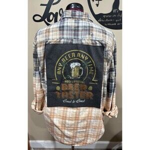 Upcycled Bleached Any Beer Any Time Flannel Shirt Shacket Grunge  Small